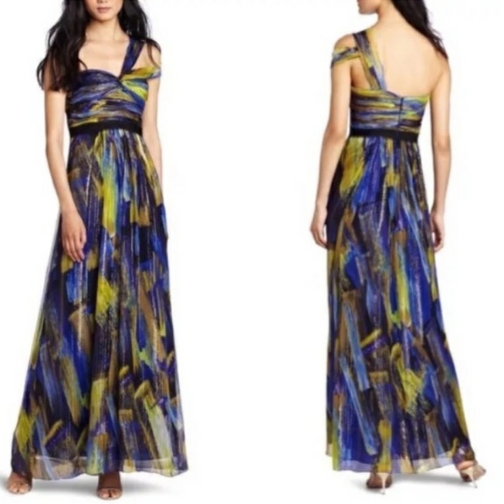 BCBGMaxAzria One Shoulder Dress in Blue, Yellow, and Black